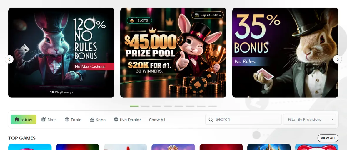 Slotbunny Casino — Up to £500 and 150 Free Spins across your first two deposits